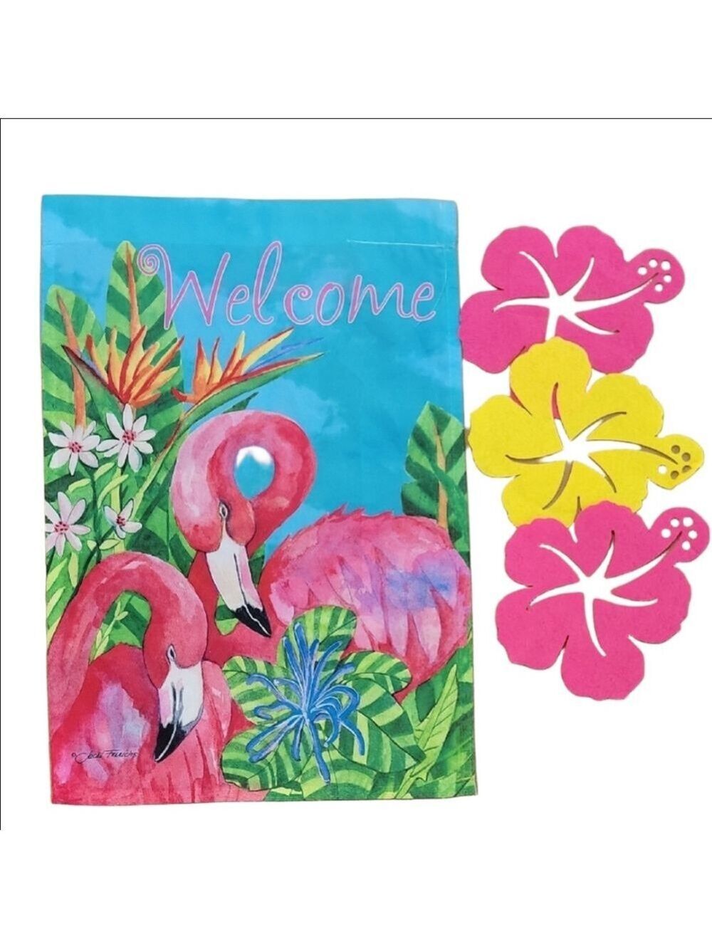 Flamingo Welcome Garden Flag With Floral Accents EUC/NWOT
